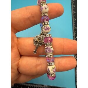 Floral Ceramic Bead Religious Stretch Bracelet Purple Crystal Cross Medallion
